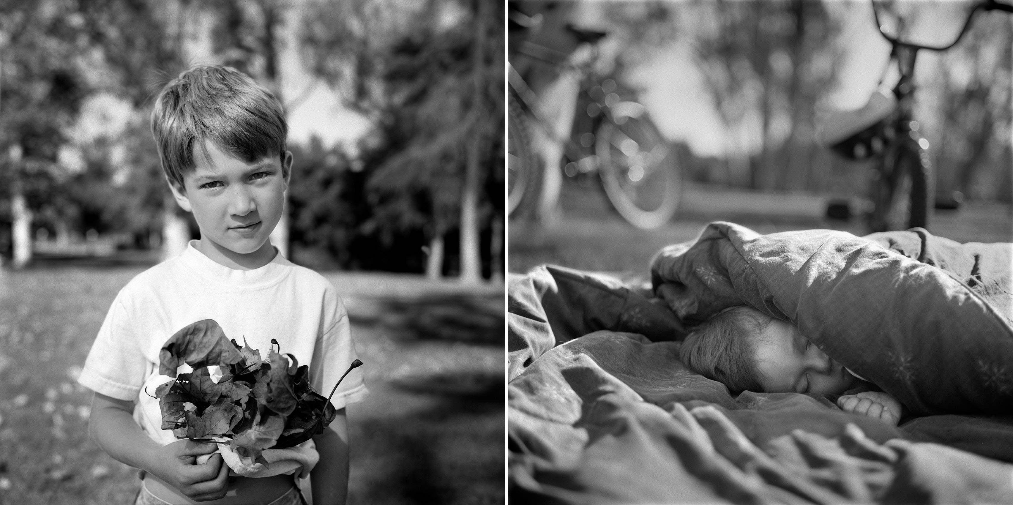 Julian with Leaves, Sebastian Sleeping